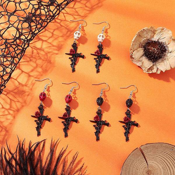 3 paire de boucles d'oreilles pendantes en turquoise synthétique teintée en alliage de 3 couleurs pour Halloween