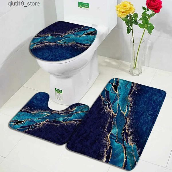 Bath Mats Abstract Marble Bath Mat Set Modern Geometric Gold Thread Blue Texture Pattern Bathroom Decoration Carpet Anti slip Carpet Toilet