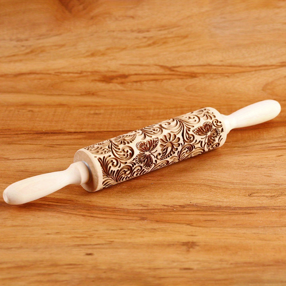TEMU 1pc 13.7inch Wooden Embossed Rolling Pin With Pattern, Deep Laser Engraving Wooden Roller Cookie Stamp Tool ,cake Baking And Clay Art, Small