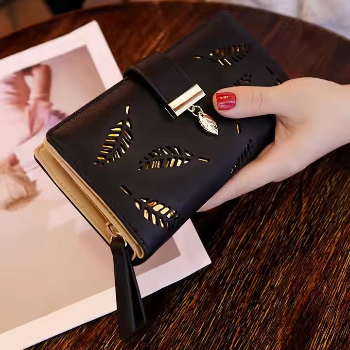 Women Wallet Leather Purse Female Long Wallet Gold Hollow Leaves Pouch Handbag For Women Coin Purse Card Holders Clutch