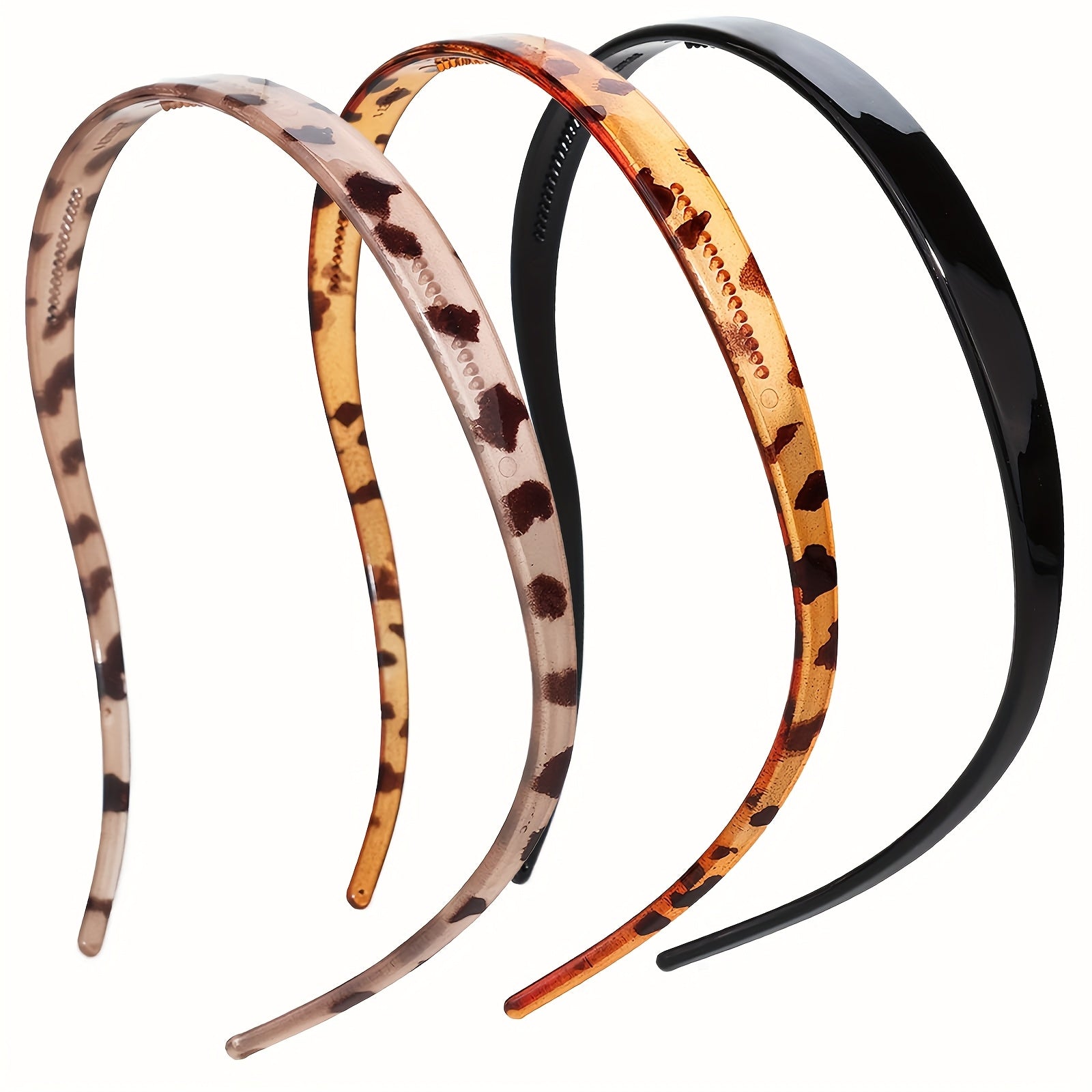 TEMU 3 Headbands Designed For Eyewear, Elastic Non-stress Headband For Women, Leopard Pattern Plastic Headband, With Teeth - Black, Grey, Brown