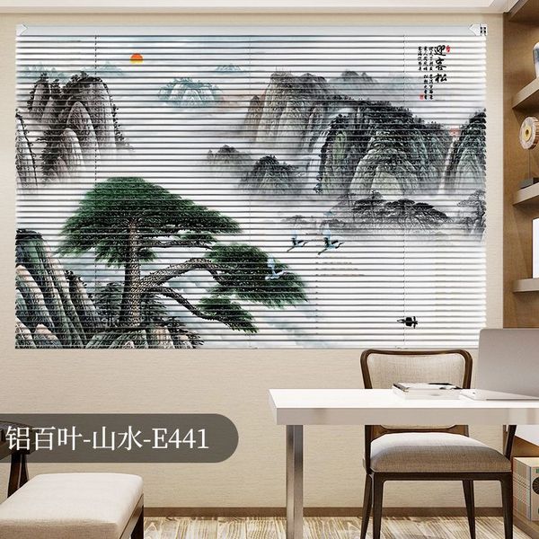A872 Roll Up Office Curtain - Chinese Style Printing & Painting, Blind Installation Without Punching for Living Room and Bathroom