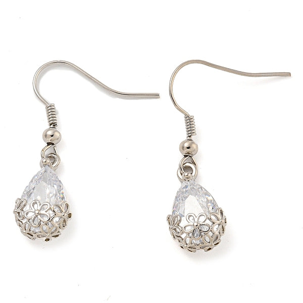 Boucles d'oreilles pendantes en forme de larme avec zircone cubique transparente en laiton plaqué