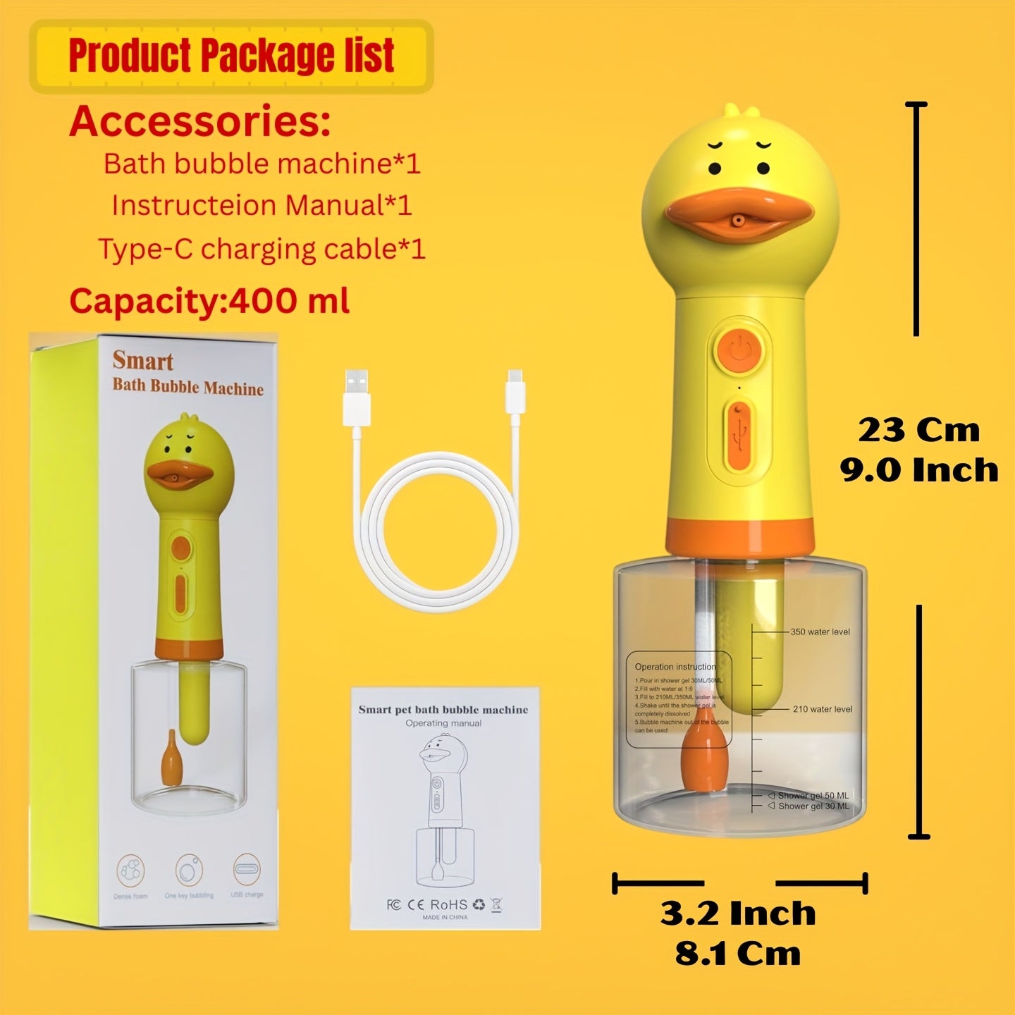 TEMU Rechargeable Electric Pet Foam Shampoo Dispenser Duck Shape Bubble Bath Machine For Washing 13.5oz Capacity, Type-c Usb Soap Foamer For Bathroom