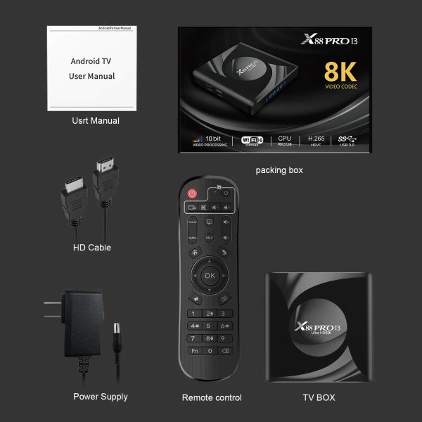 X88 Pro 13 Ultra HD 8K Android 13 TV BOX Rockchip RK3528 2.4G&5G Dual Wifi Wifi 6 BT5.0 Set Top Box Media Player 4GB32GB-64GB
