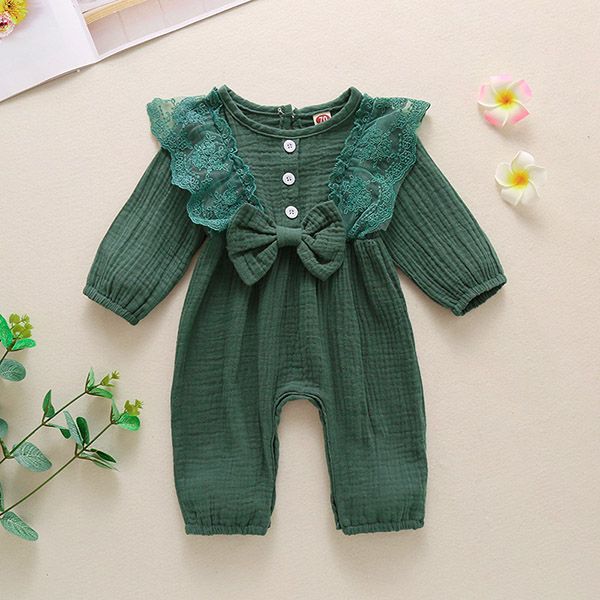 w540 Kids clothes girls boys lace sleeve Bow romper newborn infant Cotton linen Solid color Jumpsuits Spring Autumn baby Climbing clothes