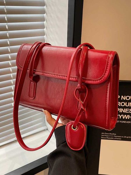 Fashion Red Shoulder Bags For Women Trendy Textured Solid Color Handbag Autumn Winter Versatile Female Underarm PackC241105