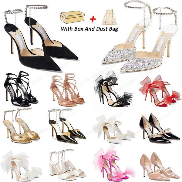 Top Quality Jimny Choo Dress Shoes Sparkle High Heels Womens Fashion Bow Nude Wedding Luxury Silver Sling Back Black jimin Jims Lace Point T
