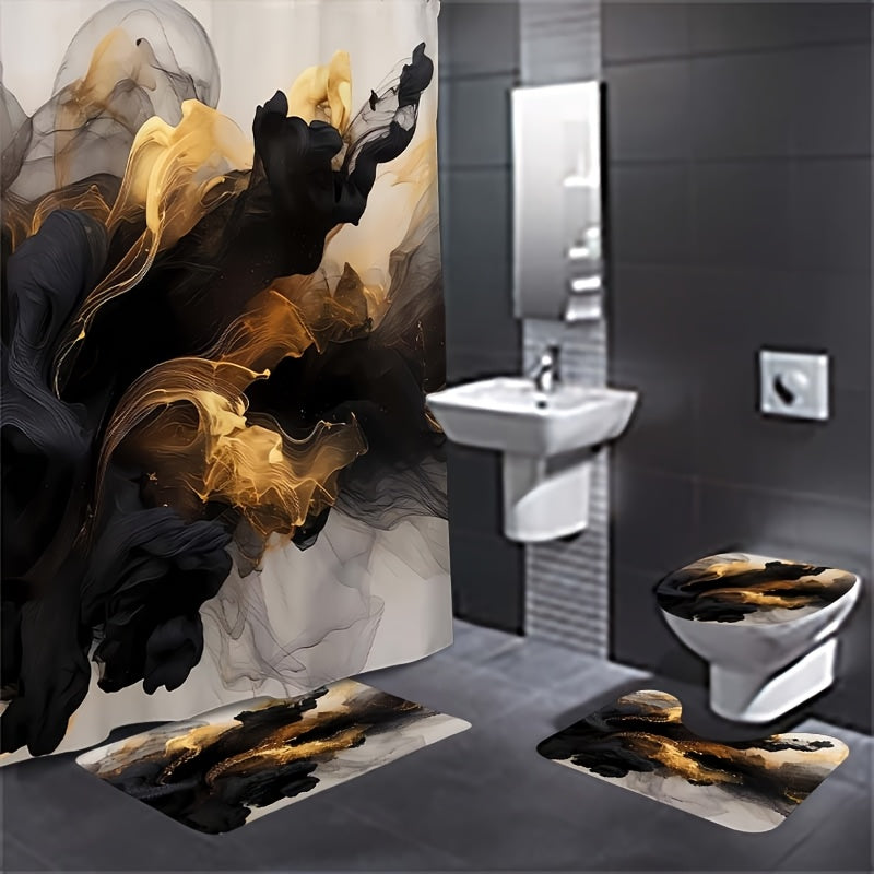 TEMU 1-4pcs Black Patterned Shower Curtain Set, Including Waterproof Shower Curtain, Non Slip Floor Mat, Toilet Seat Cover, And U-shaped Mat Shower