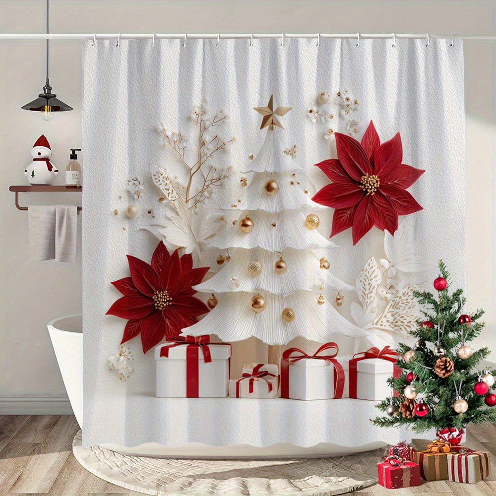 TEMU 1pc Red Poinsettia & Golden Christmas Tree Shower Curtain With 12 Hooks - White Background Holiday Bathroom Decor, Machine Washable Polyester