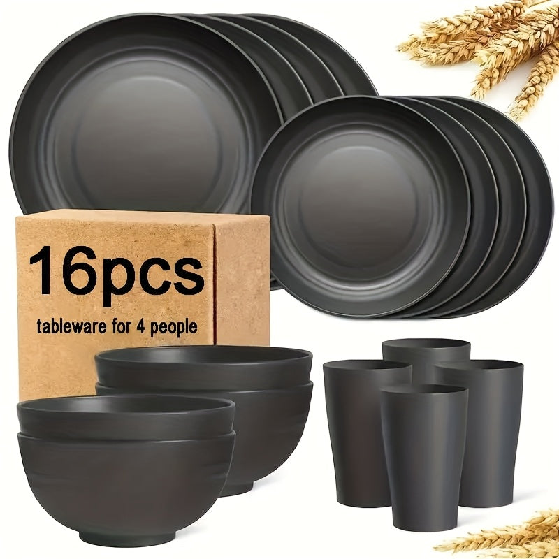 TEMU 16-32pcs Large Wheat Straw-like Unbreakable Plastic Dinnerware Set, Service For 8-4 ( Plates-dessert Plates-bowls-cups) - Dishwasher & Microwave