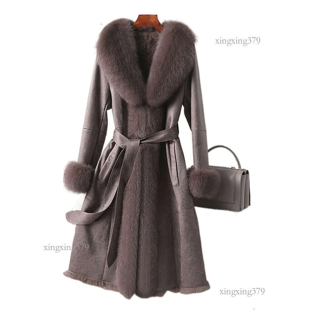 2021 New Real Double Face Rabbit Fur Coat Women&#039;s Mid-Length Winter Close-Fitting Leather Fox Fur Collar Cuffs Fur Garments