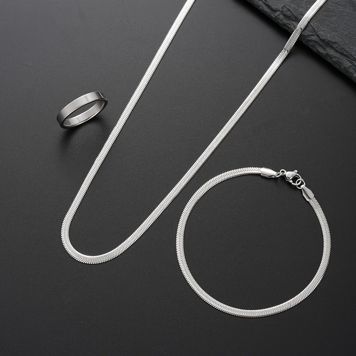 TEMU 3pcs Set Of Minimalist Stainless Steel Snake Chain Bracelet, Necklace, And Ring For Men's Vacation Party Gift Casual Attire