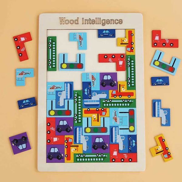 1PC Wooden Block Puzzle Versatile Animal Intelligence Block Puzzle Game Traffic 3D Puzzle Board Childrens Education Puzzle Toys W250117