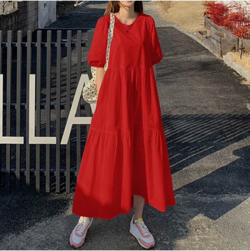 (841) New Fashionable Loose Solid Color Puff Sleeve Swing Long Dress