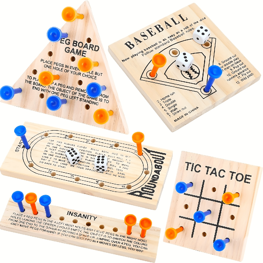 TEMU [wooden Peg Games Assortment] 5-style Wooden Peg Games Assortment Kit - Wooden Board Game Set With Plastic Pieces And Dice - Puzzle Brain Games