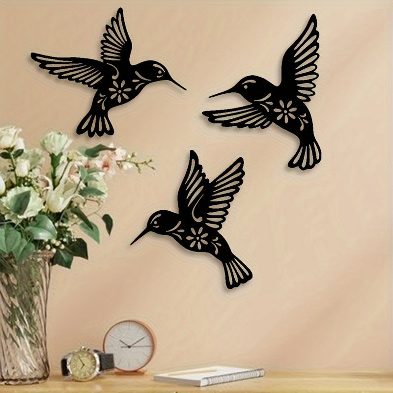 TEMU [2d Flat] 3pcs Hummingbird Acrylic Wall Decor - , Reusable, Ideal For Bedroom & Living Room, Black & With Floral Accents, Bedroom Wall