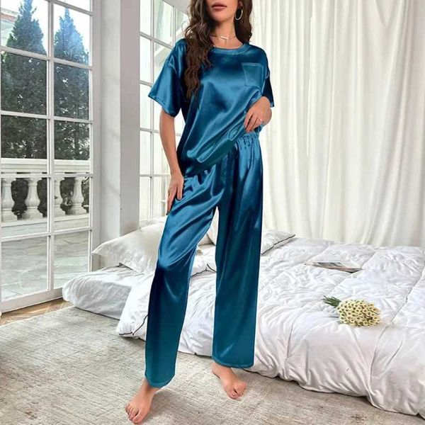 Womens Satin Pajamas Set Autumn Short Sleeve Top Long Pants Sleepwear 2 Piece Set For Women Casual Home Loose Pajamas SetC241209C250109