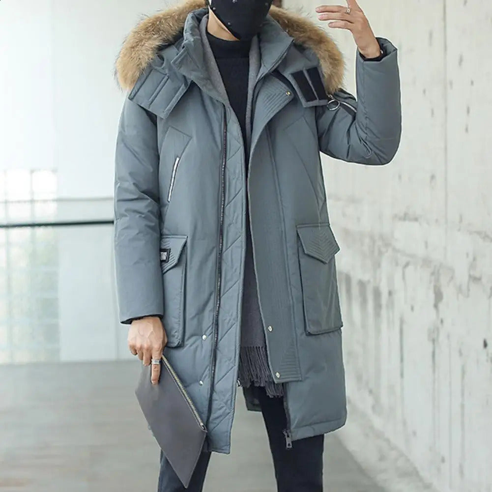 Men Down Jacket Cold Weather Outerwear Fur Collar Hooded Long Sleeve Winter Coat Zipper Placket Pockets Thickened Puffer Coat 240909