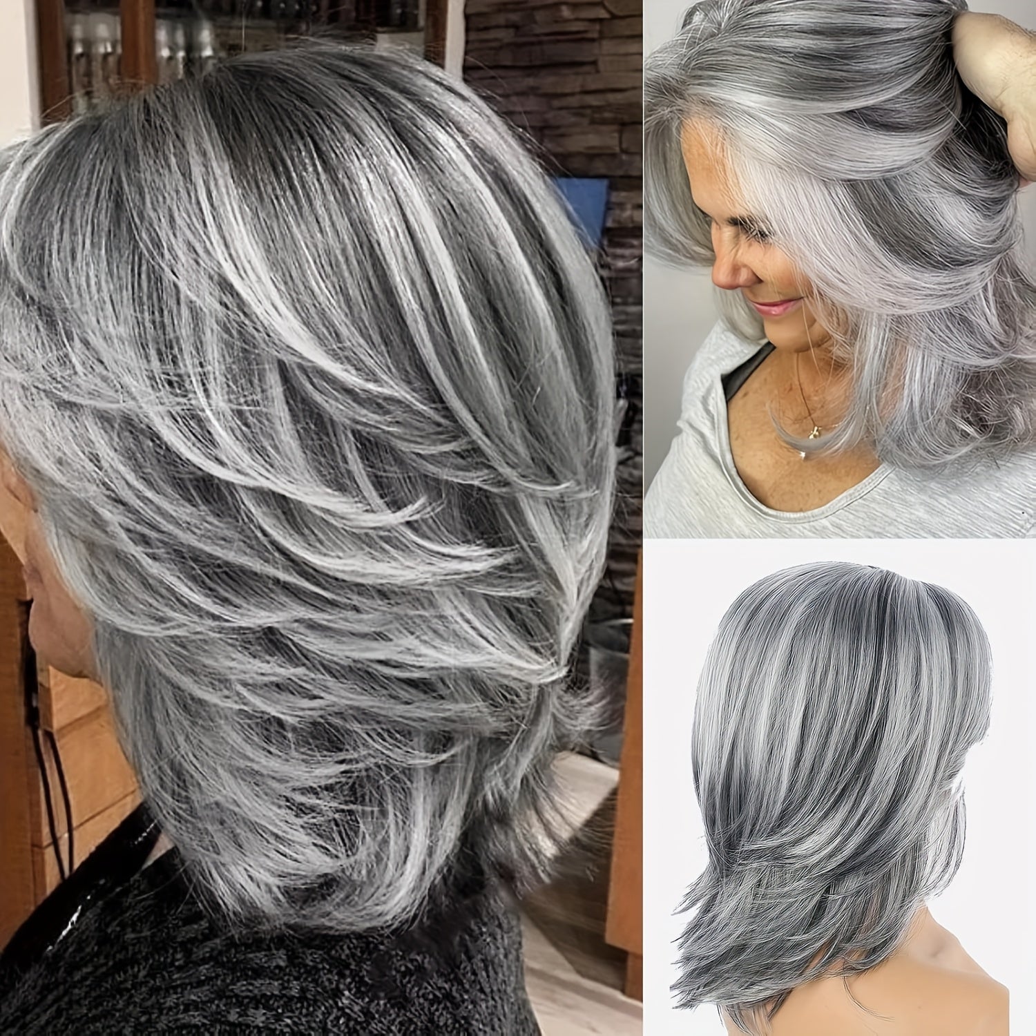 TEMU Women's Silvery Gray Ombre Layered Wig With Curtain Bangs - Density Curly Wave Bob Wig, Synthetic Short Light Gray Hairpiece For Women, Natural