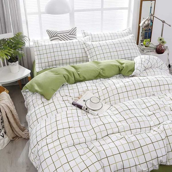 Fashion Bedding Set White Green Double Bed Linens Nordic Duvet Cover case Queen Size Flat Sheet ic Grid Kids WinterC241207