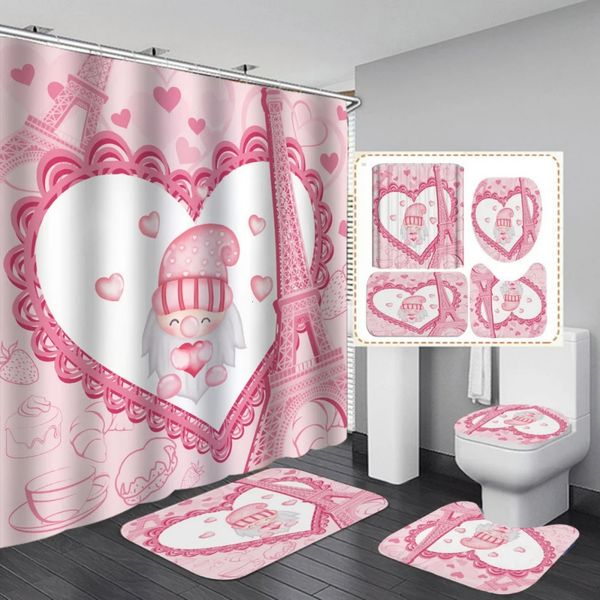 4PCS Set Valentines Day Tower Love Shower Curtain Heart Pattern Modern Home Bathroom Fabric Bath Curtains with Hooks 250207