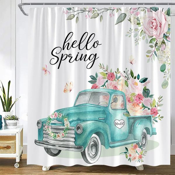 Spring Floral Shower Curtain Pink Watercolour Flowers Plant Farm Truck Butterfly Bath Curtains Polyester Fabric Bathroom Decor 250108