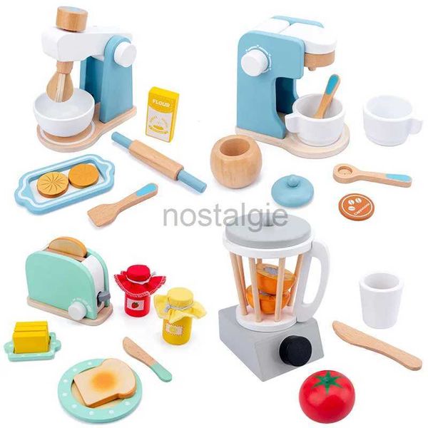 Kitchens Play Food Wooden Toys Kitchen Pretend Play House Toy Wooden Simulation Toaster Machine Coffee Machine Food Mixer Kids Early Educati