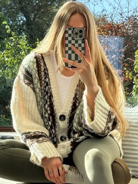 Fashion Crochet knitting Sweater Women Retro Vneck Long Sleeve Oversize Cardigan Knitwear Female Autumn Street Lady Chic Tops 250108
