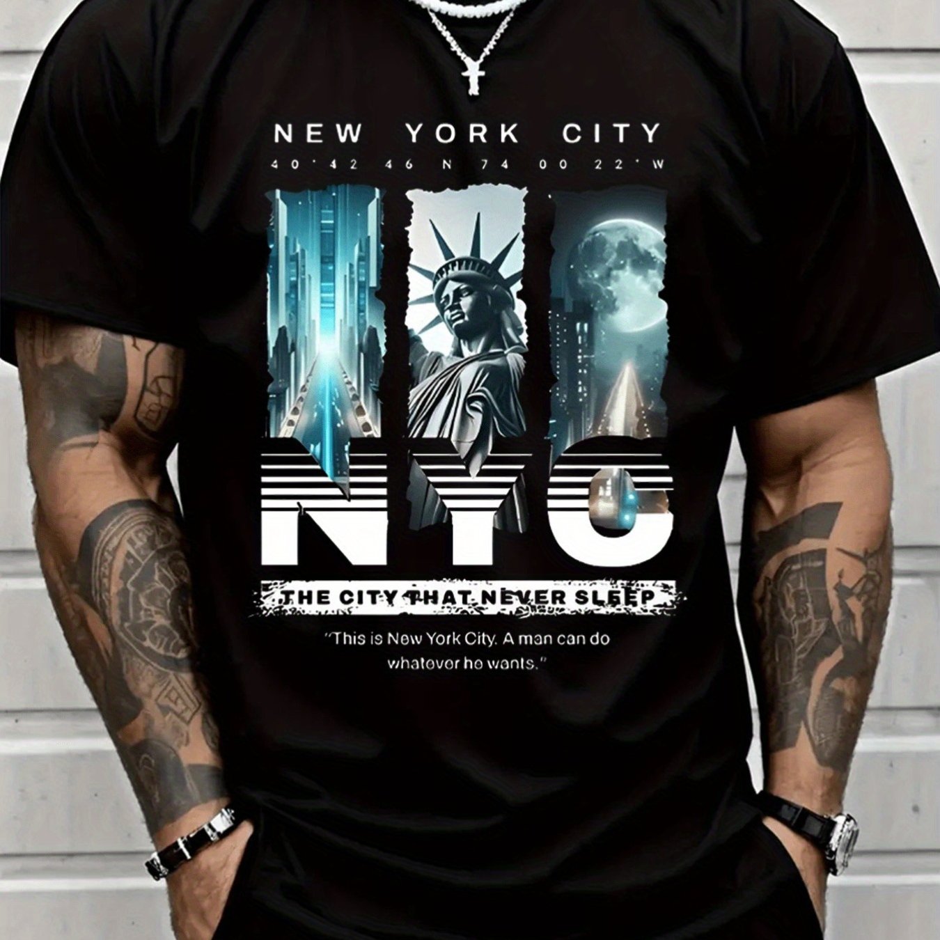 TEMU Men's Graphic T-shirt - Hip-hop Style, " That Never " Design With Statue Of & Nyc , Comfortable Short Sleeve Round Neck Tee For Casual Wear,