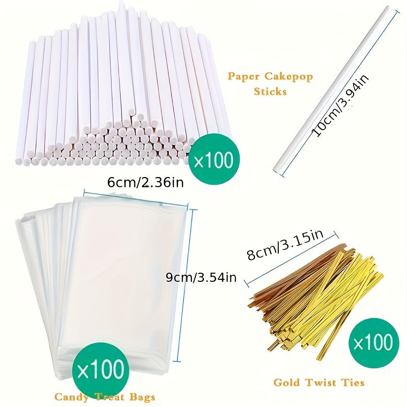 TEMU 100-pack Plastic Lollipop Cake Pop Making Kit With Food-safe Bags, Paper Sticks, And Twist Ties For Candy, Chocolates, Packaging - Durable,