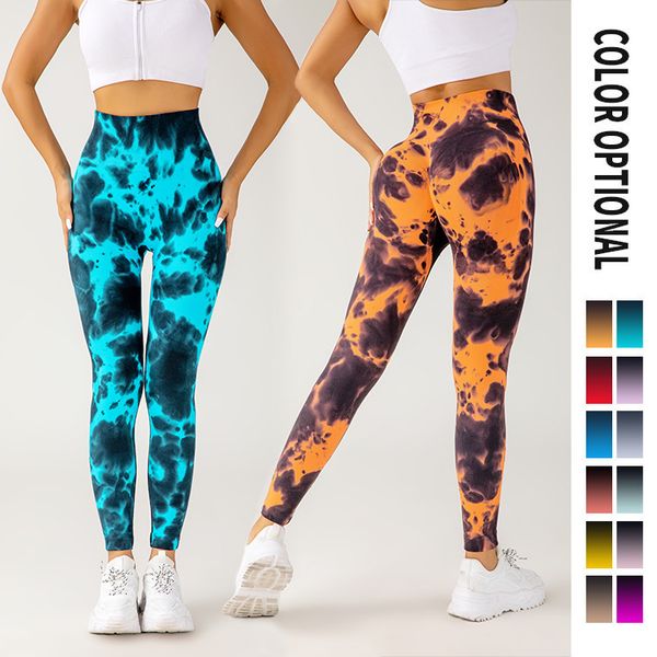 Outdoor sports breathable quick drying tight fitting high waist and hip lifting fitness pants with hollowed out side tie dye yoga DDML