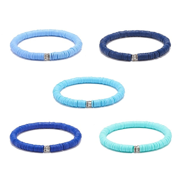 5Pcs 5 Colors Handmade Polymer Clay Heishi Surfer Stretch Bracelet Sets