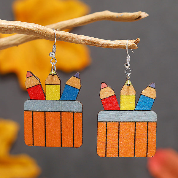 Boucles d'oreilles pendantes en bois avec pinceau pour la rentrée scolaire