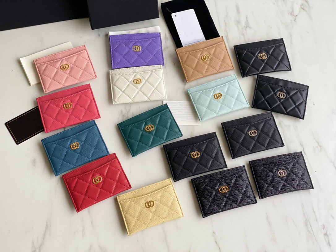 10A new fashion Card Holders caviar woman mini wallet Designer pure color genuine leather Pebble texture luxury Black wallet with box