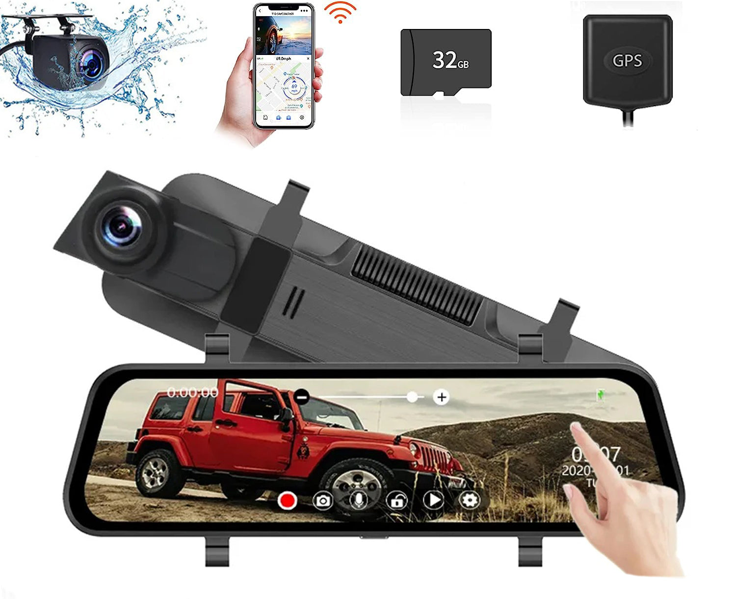 10&quot; Car DVR Rear View Mirror Camera 2.5K Mirror Dash Cam with WiFi GPS Free 32GB Card Dash Cam Front and Rear Mirror with 1080P Backup Camera