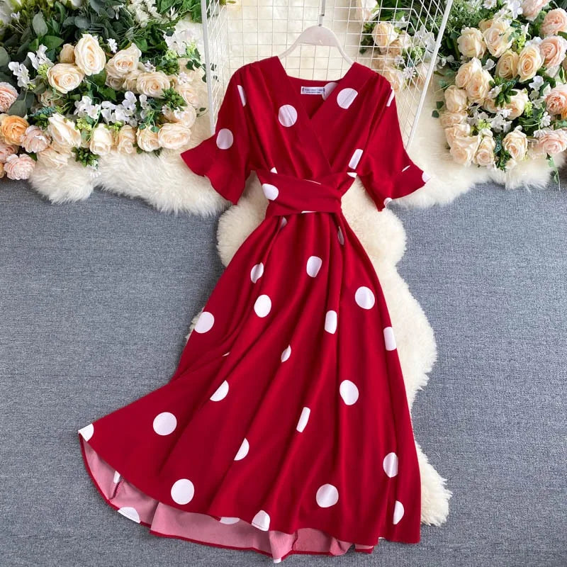 Women Dress 2025 New Korean Fashion Polka Dot Print Long Summer Dress Vacation Style Sash Bandage Big Swing Beach Dress