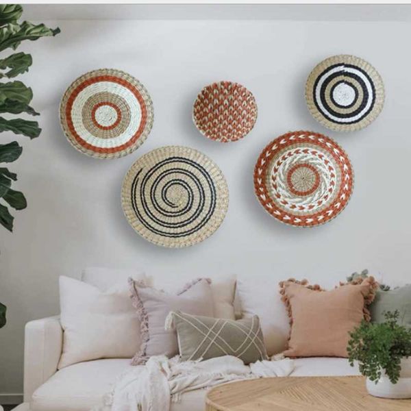 Decorative Plates Creative Combination Wall Decoration Rattan Grass Weaving Straw Plate for Home Decor Living Room Bedroom Background Decora