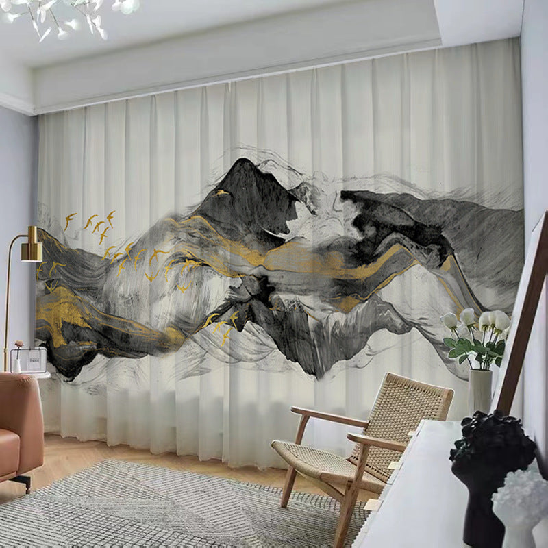 YL-37049 Chinese style ink landscape painting, new Chinese style curtains, new mesh curtains, classical and simple living room window curtain