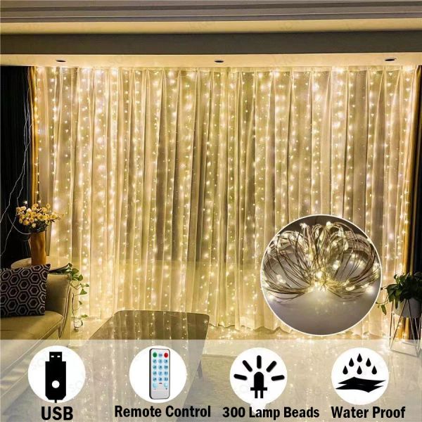 USB LED Garland Curtain Lights 8 Modes Remote Control Festival Holiday Party Wedding Fairy Lights for Bedroom Home Decoration