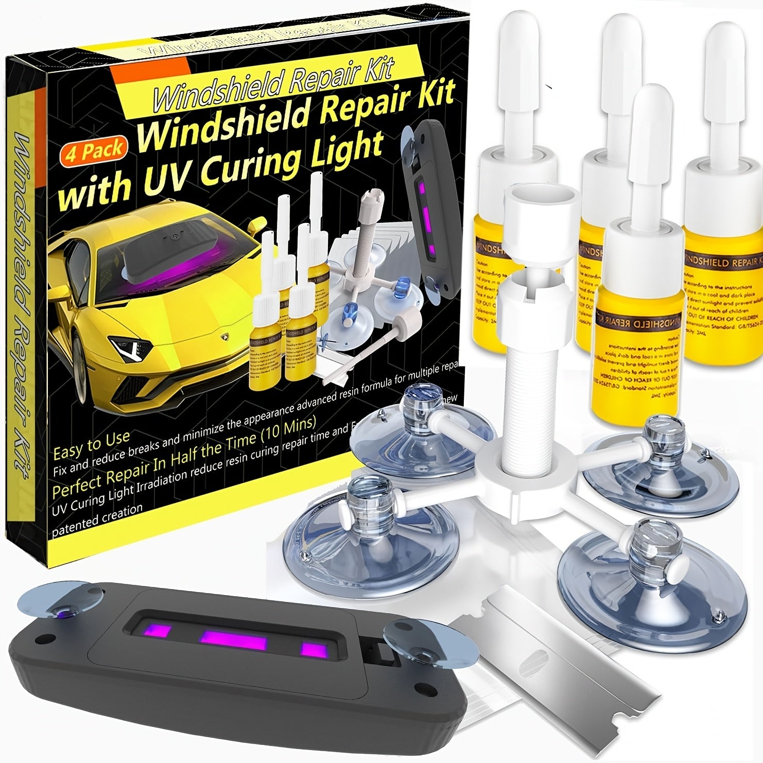 TEMU Windshield Repair Kit, 4pcs Glass Repair Kit For Chips And , Windshields Crack Repair Kit With Suction Cup Curing Light, Automotive Nano Fluid