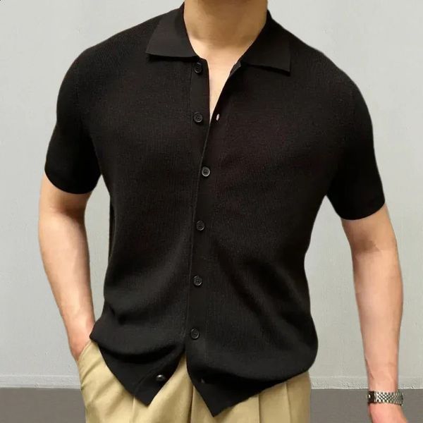 Summer Breathable Knit Sweater Shirt Men Fashion Simple Solid Color Knitted Shirts Vintage Turn-down Collar Buttoned Mens Shirt 240826
