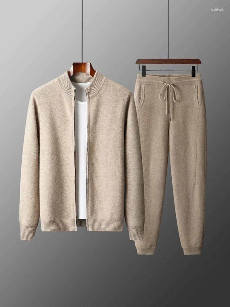 Men&#039;s Tracksuits Merino Wool Two-piece Suit For Men Autumn Winter Knitting Zipper Cardigan And Slim-fit Pants Warm Thickened Clothing Sets