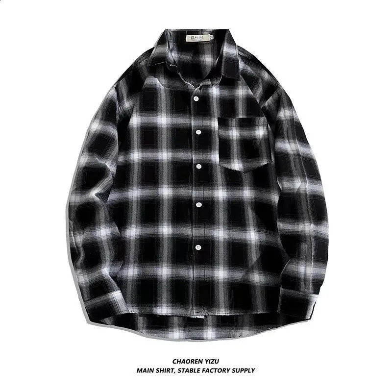 Vintage Plaid Shirts Oversize Basics Long Sleeve Turn-down Collar Pocket Loose Single Breasted Casual Thin Coat 240826