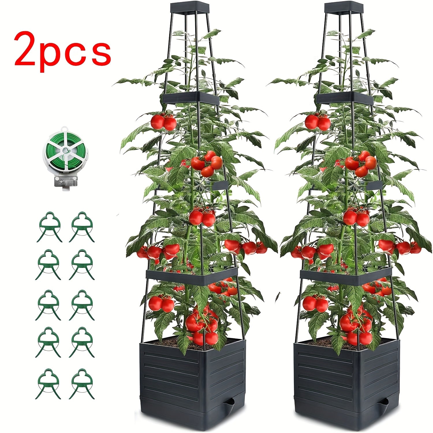 TEMU 2pcs 57" Raised Self-watering Tomato Planter With Trellis - Durable Plastic Bed For Climbing Vegetables, Indoor-outdoor Use, Grid Design &