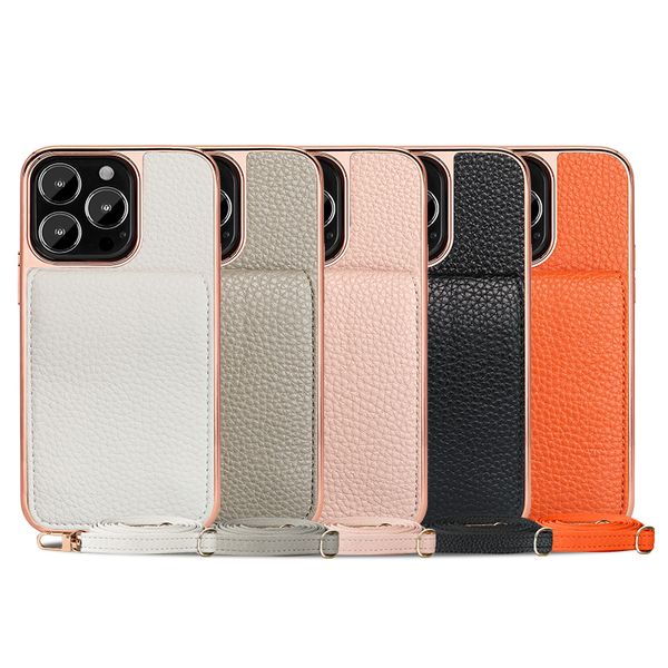 Crossbody Plating Magnetic Flip Litchi Grain Phone Case for iPhone 16 15 14 13 Pro Max 5G Sturdy Lanyard Strap Multiple Card Slots Leather W