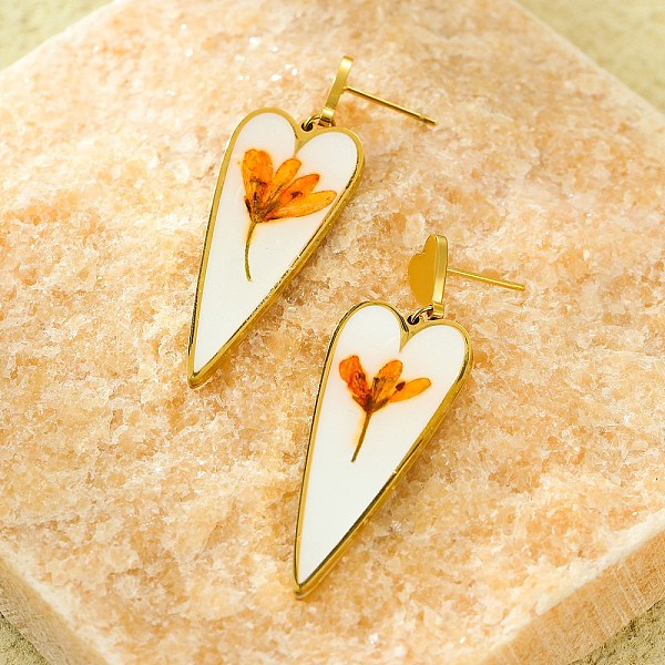 Boucles d'oreilles pendantes en acier inoxydable avec motif coeur et fleur