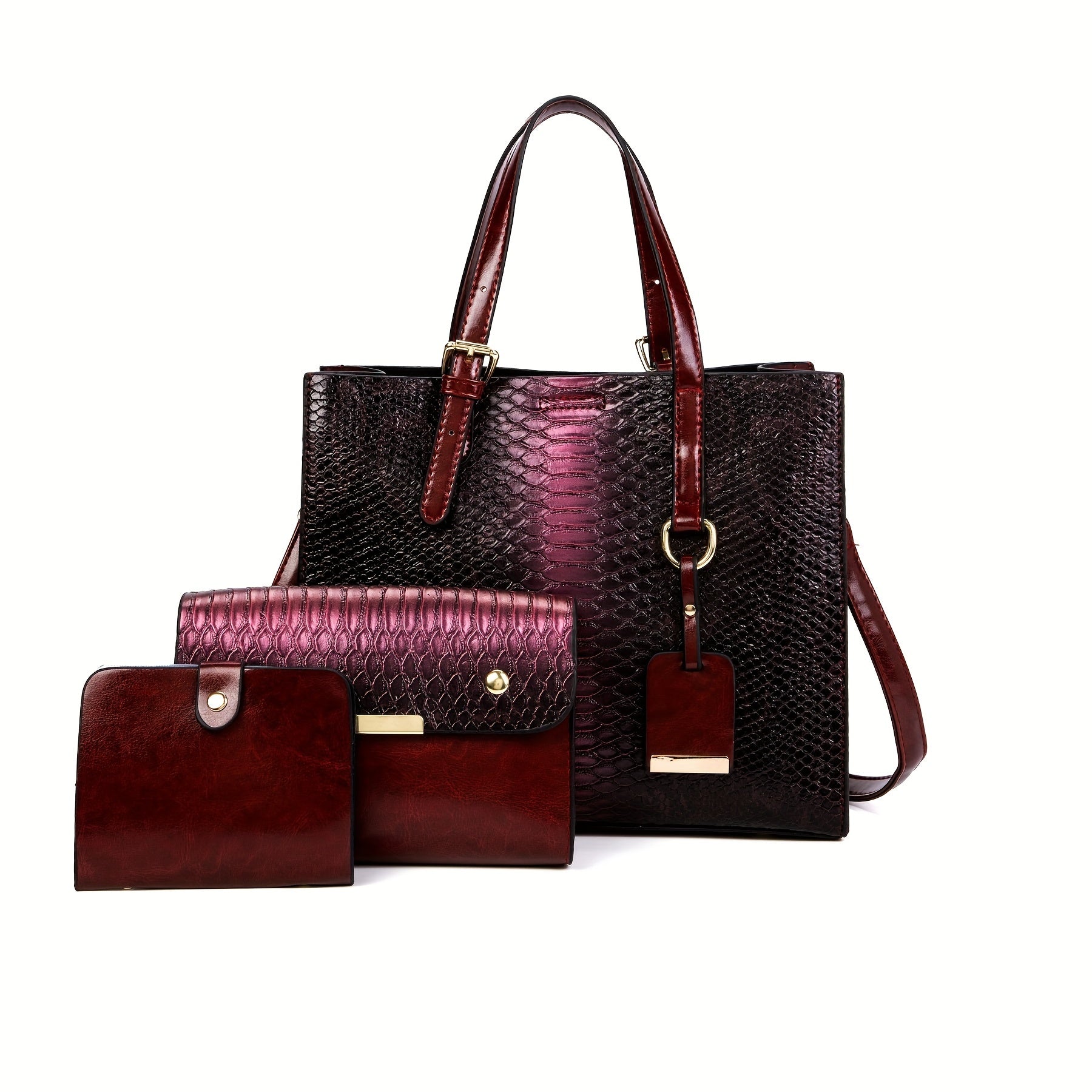 TEMU 3-piece Set Women's Crocodile Pattern Handbags, Stylish Leather Tote With Matching Clutch & Wallet, Vintage Design Crossbody Bag