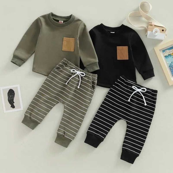 0 to 3 Years Baby Boy Pant Sets Spring Autumn Clothes Long Sleeve Round Neck Tops with Pocket + Stripe TrousersC250109