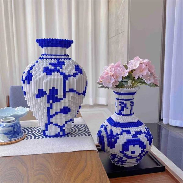 Simulation Blue and White Porcelain Vase Potted Plant Building Block Toy Childrens Educational Vase Ornament Small Particles Z241029